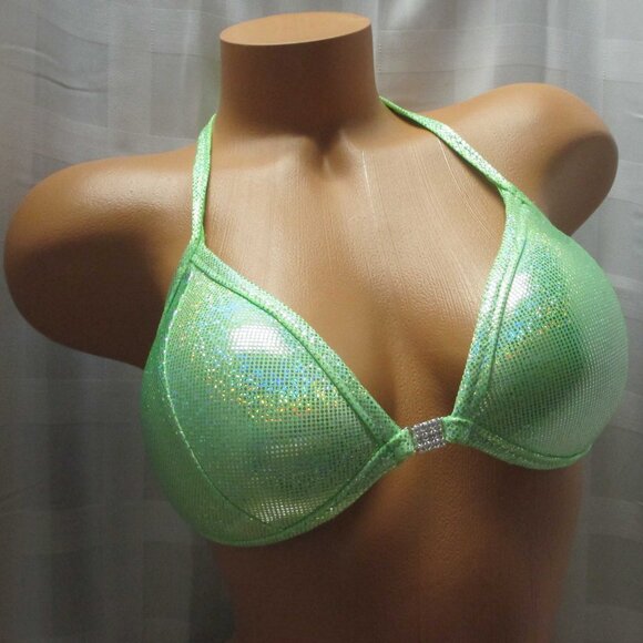 NPC competition bikini posing suit LIME GREEN  HANDMADE CUP 34B - Picture 3 of 3